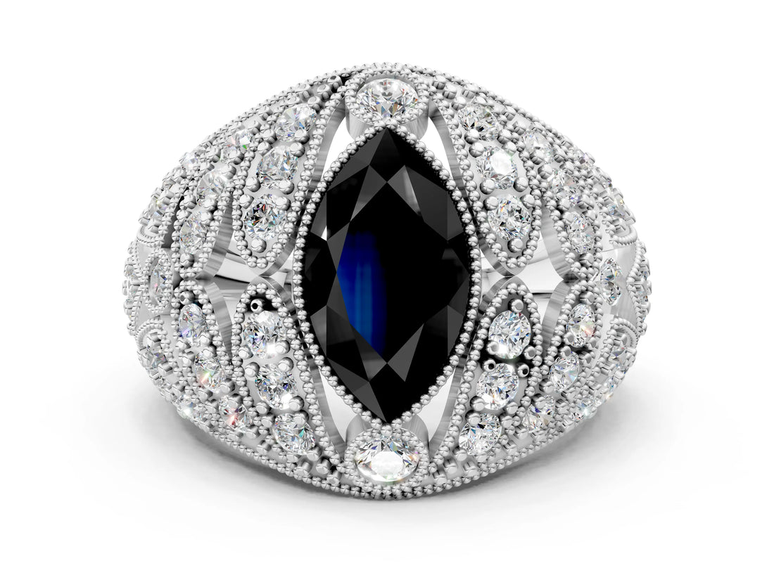 Platinum Fancy Black Marquise Cut Brilliant Halo Pave Diamond Milgrain Ring_12