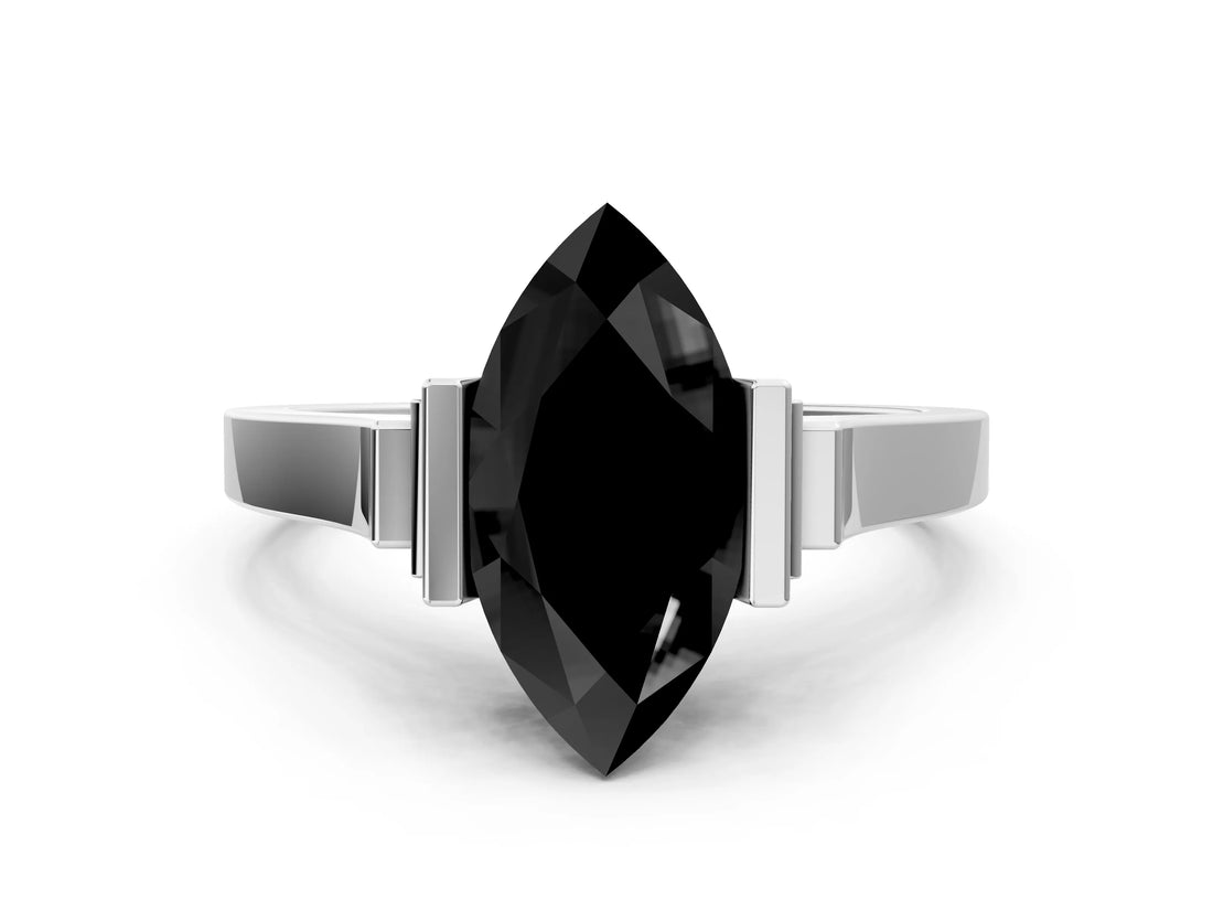 Platinum Fancy Black Marquise Cut Brilliant Solitaire Diamond Ring with Channel Set Band and Bar Prong Setting_54