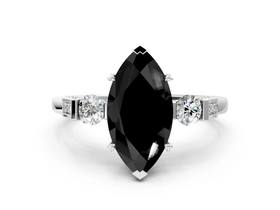 Platinum Fancy Black Marquise Cut Brilliant Three-Stone Pave Band with Four-Prong Setting_6