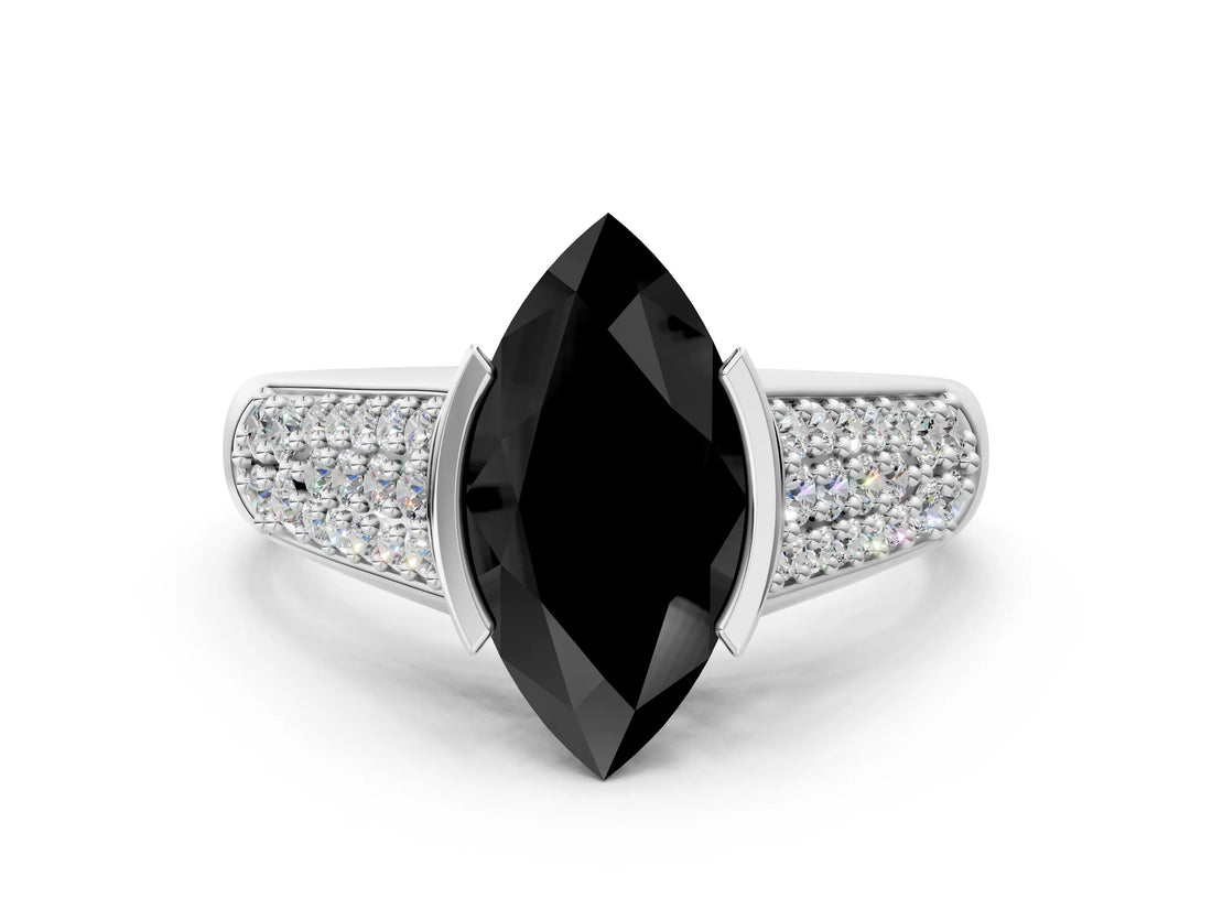 Platinum Fancy Black Marquise Cut Cut Diamond Channel Set Pave Band with Tension Prong Setting_6