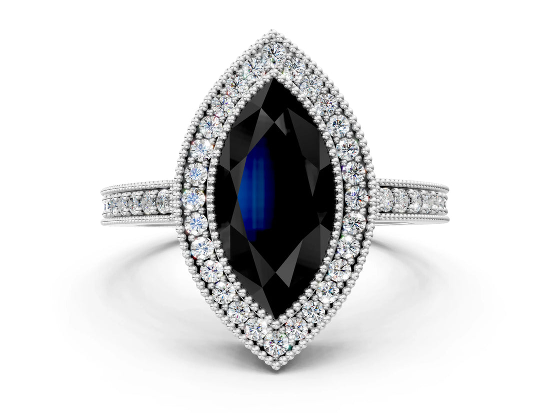 Platinum Fancy Black Marquise Cut-Cut Diamond Halo Engagement Ring with Pave Band and Prong Setting_12