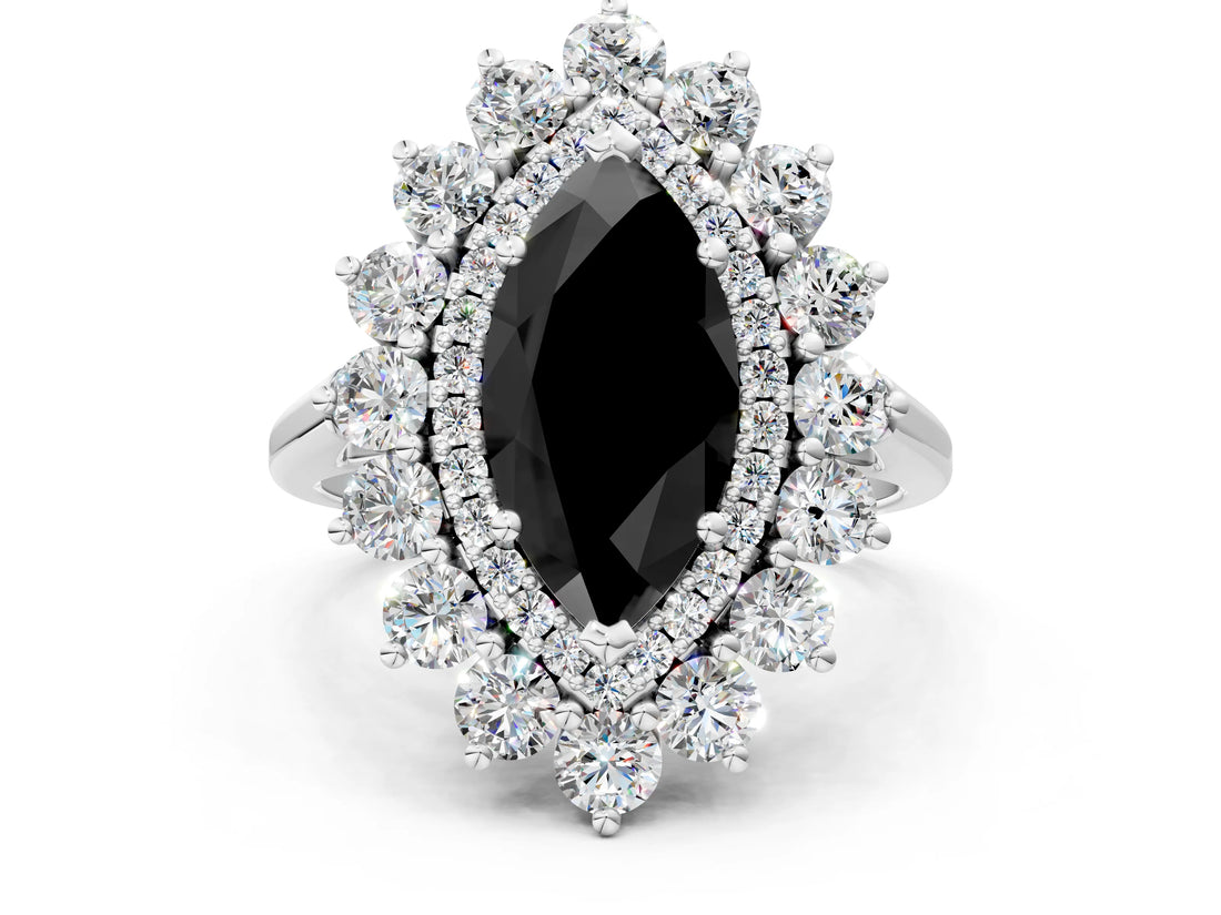 Platinum Fancy Black Marquise Cut Diamond Floral Double Halo Engagement Ring with Prong Setting_36
