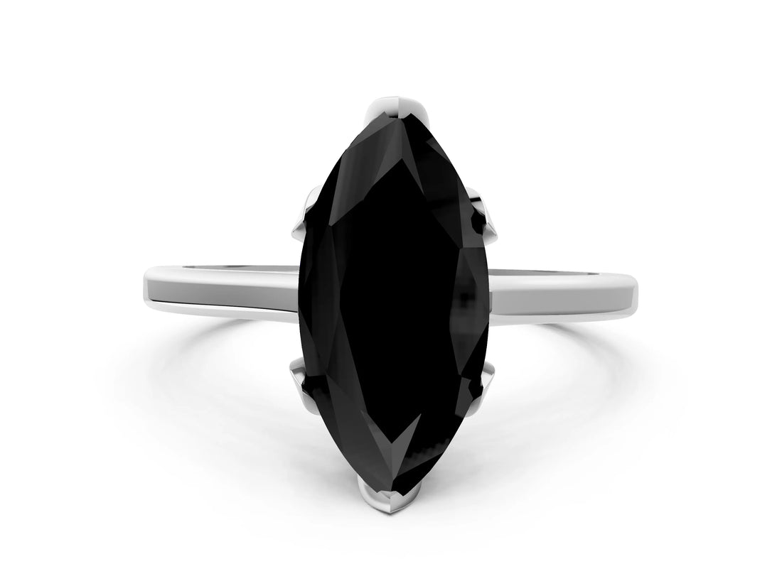 Platinum Fancy Black Marquise Cut Diamond Solitaire Ring with Flower Prong Setting and Classic Band