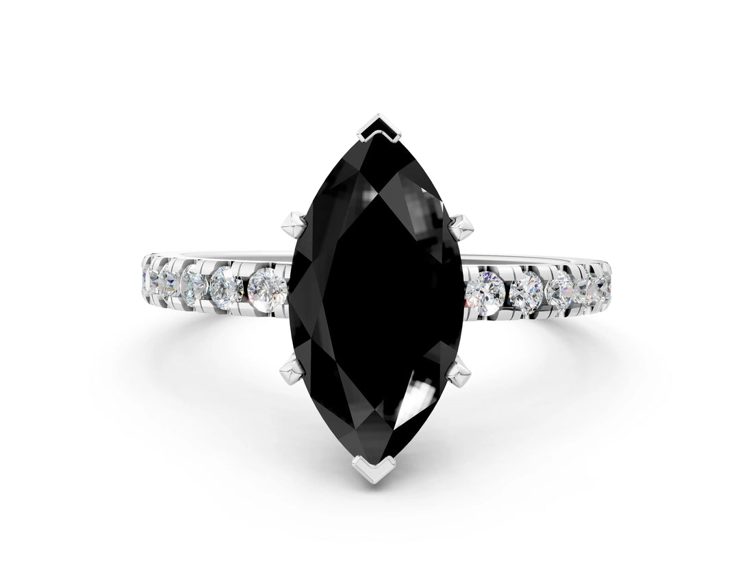 Platinum Fancy Black Marquise Cut Diamond Solitaire Ring with Round  Pavé Band and Four-Prong Setting_24