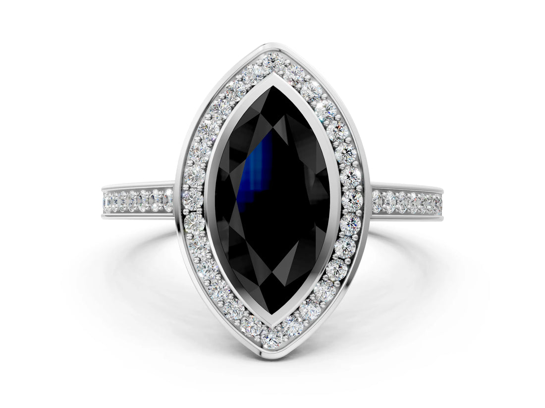 Platinum Fancy Black Marquise Cut Halo Bezel Diamond Pave Band Ring_12
