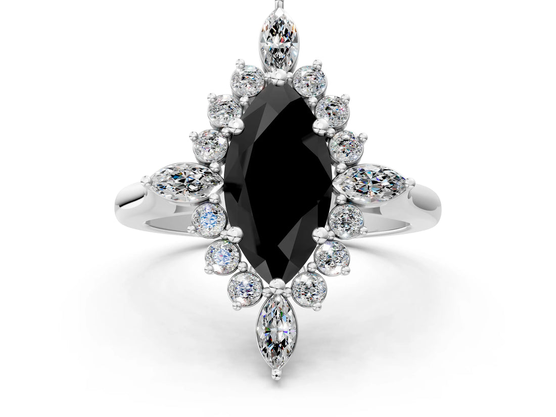 Platinum Fancy Black Marquise Cut Halo Diamond Cluster Ring with Marquise and Round Stones on a White Gold Band with Prong Setting