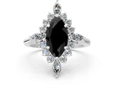 Platinum Fancy Black Marquise Cut Halo Diamond Cluster Ring with Marquise and Round Stones on a White Gold Band with Prong Setting
