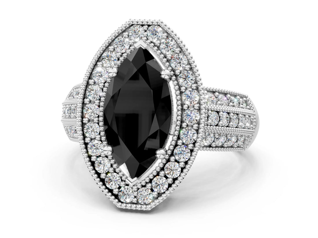 Platinum Fancy Black Marquise Cut Halo Diamond Engagement Ring with Pave Split Shank and Four-Prong Setting_6