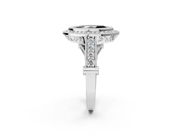 Platinum Marquise Vintage Bezel Halo Engagement Ring Setting for Black Center