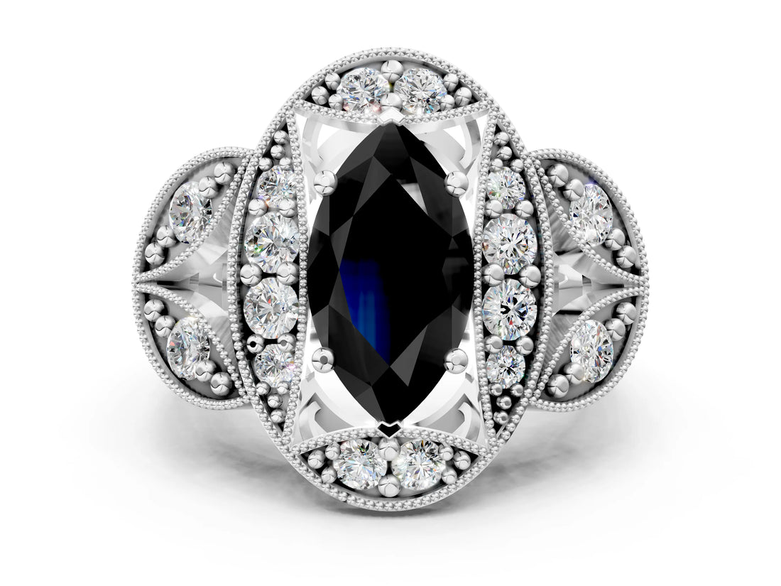 Platinum Fancy Black Marquise Cut Halo Milgrain Diamond Engagement Ring with Leaf Band and Four-Prong Setting_12