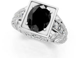 Platinum Fancy Black Oval Cut Brilliant Milgrain Filigree Diamond Ring with Square Prong Setting_49