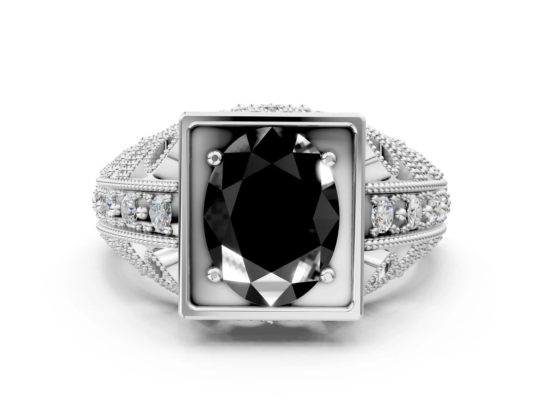 Platinum Fancy Black Oval Cut Brilliant Milgrain Filigree Diamond Ring with Square Prong Setting_54