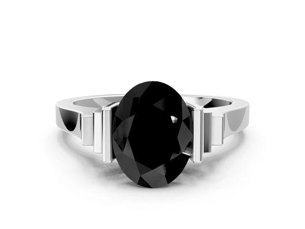 Platinum Fancy Black Oval Cut Brilliant Solitaire Diamond Ring with Channel Set Band and Bar Prong Setting