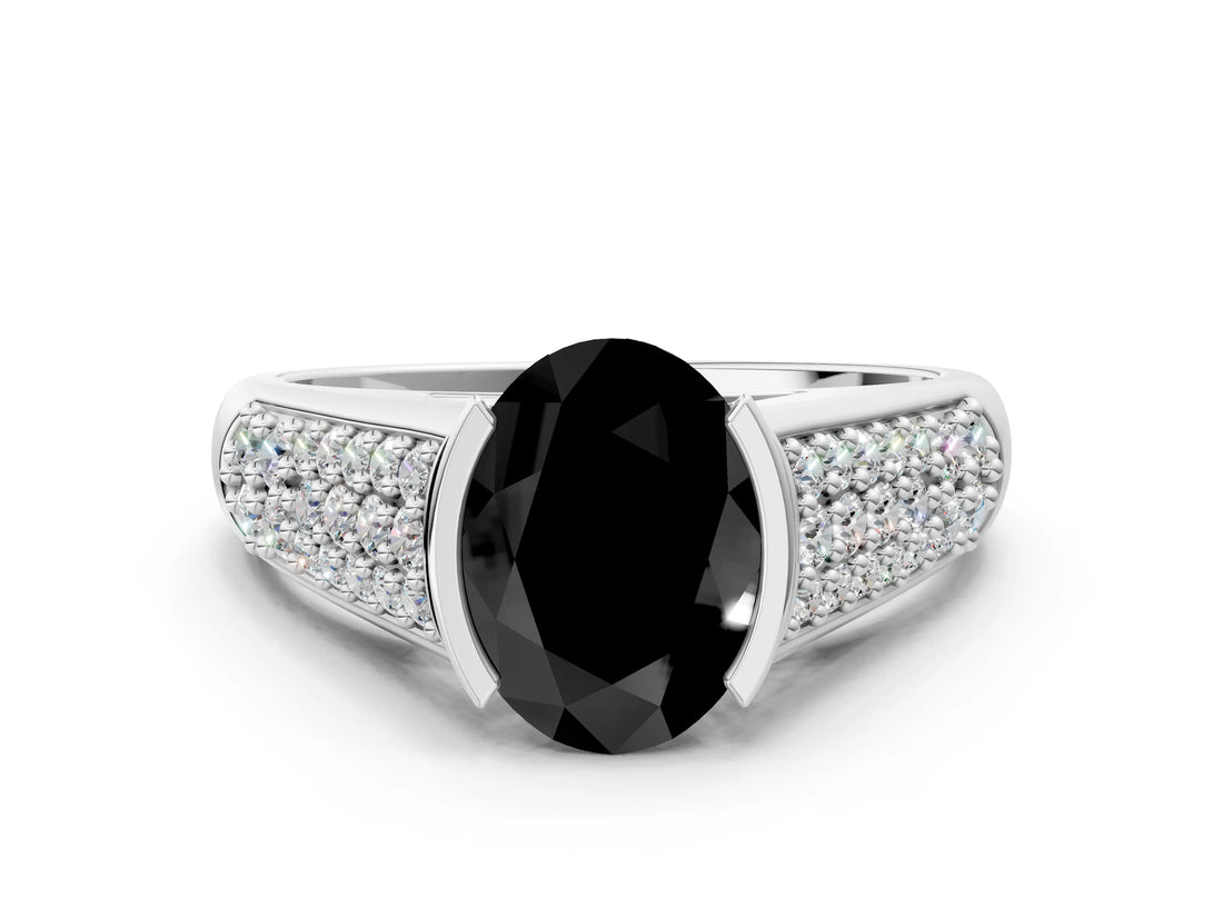 Platinum Fancy Black Oval Cut Cut Diamond Channel Set Pave Band with Tension Prong Setting_12