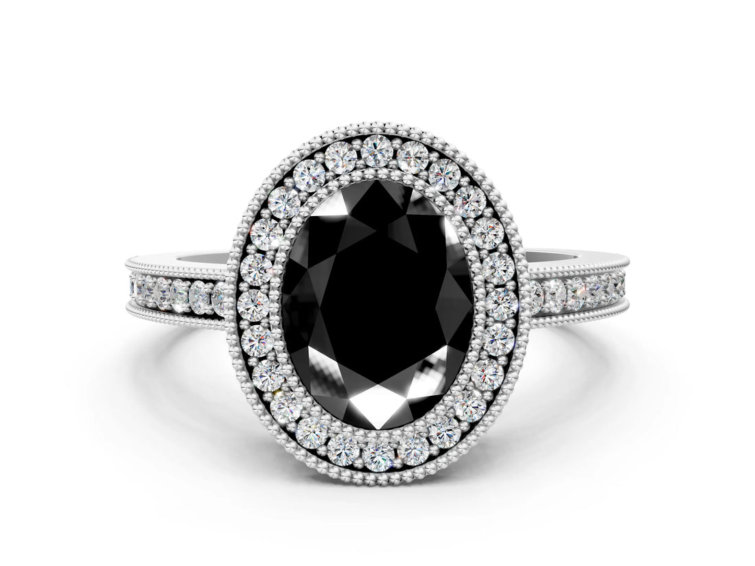 Platinum Fancy Black Oval Cut Cut Halo Pavé Diamond Ring_6