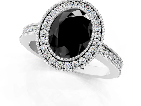 Platinum Oval Double Milgrain Halo Engagement Ring Setting for Black Center