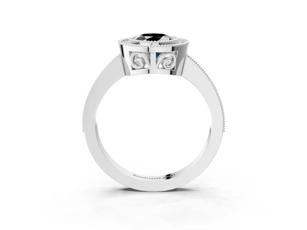 Platinum Oval Double Milgrain Halo Engagement Ring Setting for Black Center