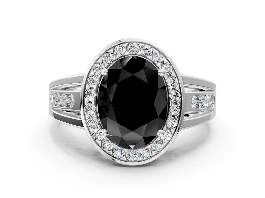 Platinum Fancy Black Oval Cut Diamond Halo Ring with Split Shank and Bezel Accents and Prong Setting_12