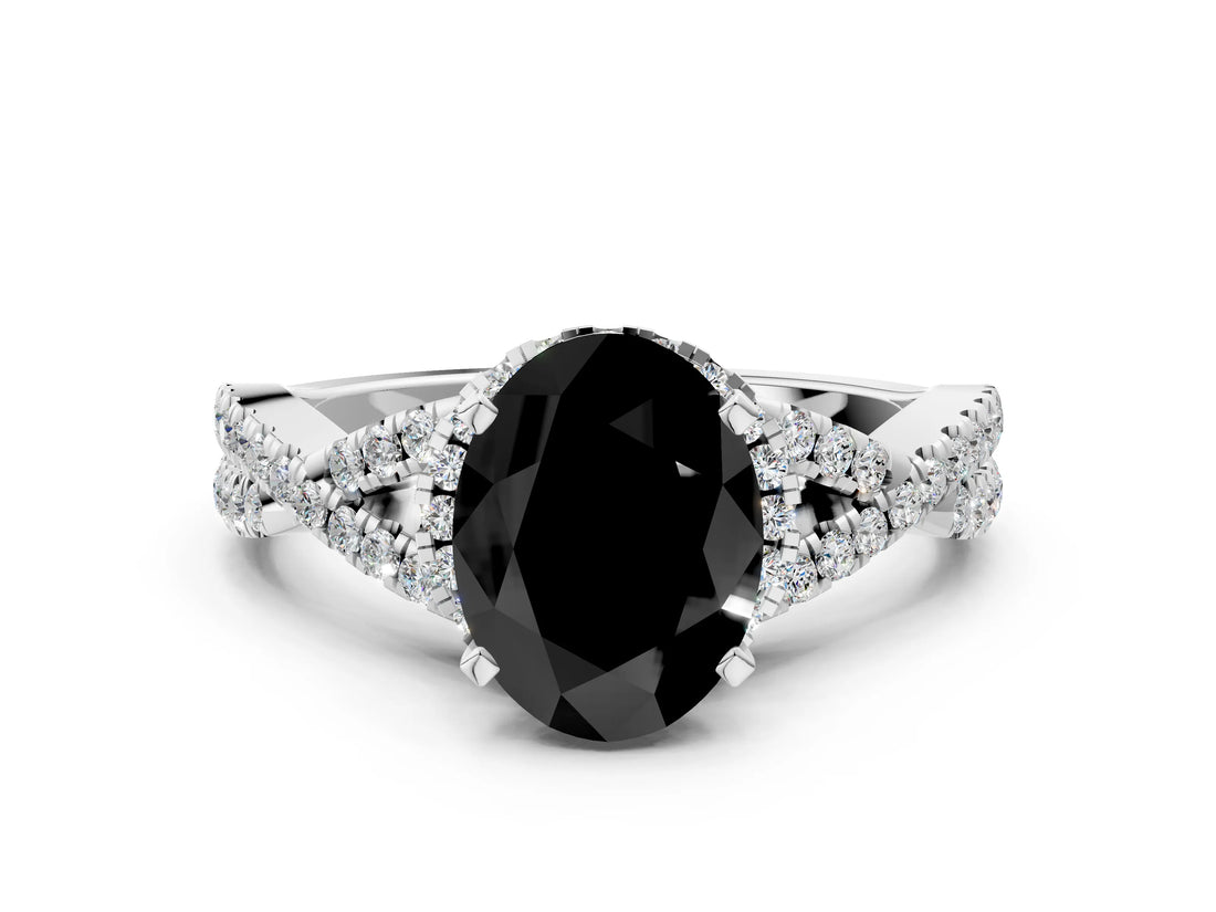 Platinum Fancy Black Oval Cut Diamond  Halo Twist Band Solitaire Prong Setting Ring_12