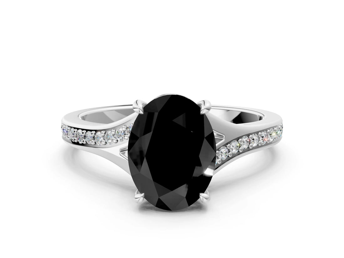 Platinum Fancy Black Oval Cut Diamond Solitaire Ring with Pavé Band and Prong Setting_12