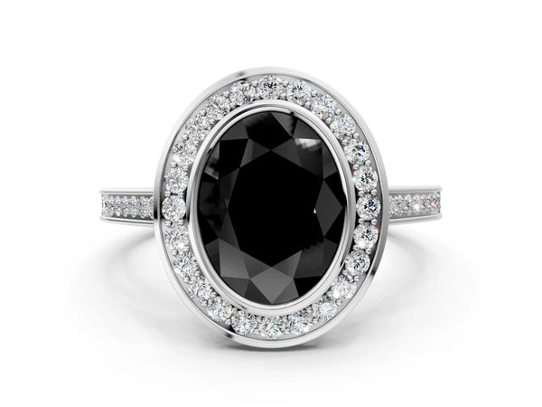 Platinum Fancy Black Oval Cut Halo Bezel Diamond Pave Band Ring