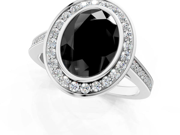 Platinum Fancy Black Oval Cut Halo Bezel Diamond Pave Band Ring