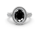Platinum Fancy Black Oval Cut Halo Diamond Ring with Beaded Split Shank and Four-Prong Setting_6