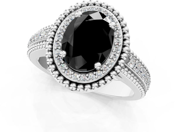 Platinum Oval Beaded Halo Engagement Ring Setting for Black Center with Pave