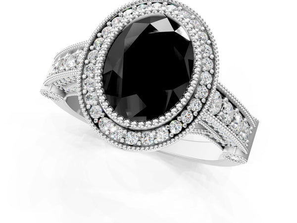 Platinum Oval Vintage Bezel Halo Engagement Ring Setting for Black Center