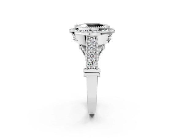 Platinum Oval Vintage Bezel Halo Engagement Ring Setting for Black Center