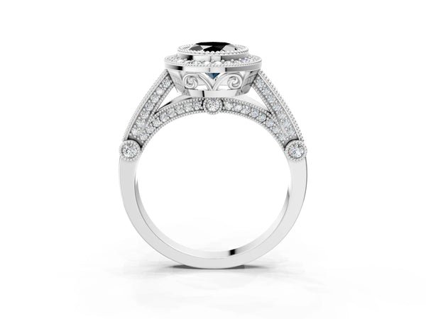 Platinum Oval Vintage Bezel Halo Engagement Ring Setting for Black Center