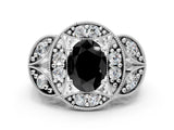 Platinum Fancy Black Oval Cut Halo Milgrain Diamond Engagement Ring with Leaf Band and Four-Prong Setting_12