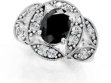 Platinum Fancy Black Oval Cut Halo Milgrain Diamond Engagement Ring with Leaf Band and Four-Prong Setting_13
