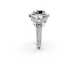 Platinum Fancy Black Oval Cut Halo Milgrain Diamond Engagement Ring with Leaf Band and Four-Prong Setting_14