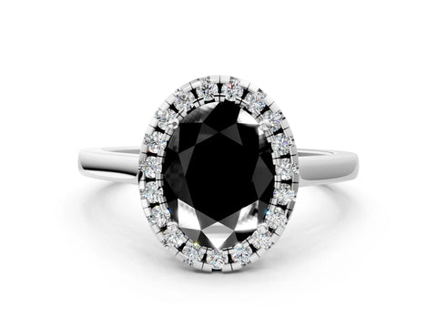 Platinum Fancy Black Oval Cut Halo Round Diamond Solitaire Ring with Pavé Band and Four-Prong Setting_24