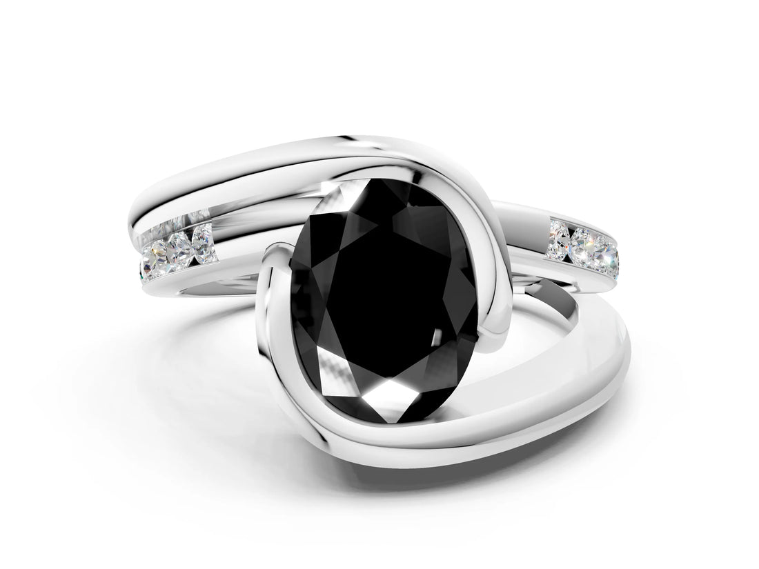 Platinum Fancy Black Oval Cut Solitaire Tension-Set Diamond Split Shank Ring_6