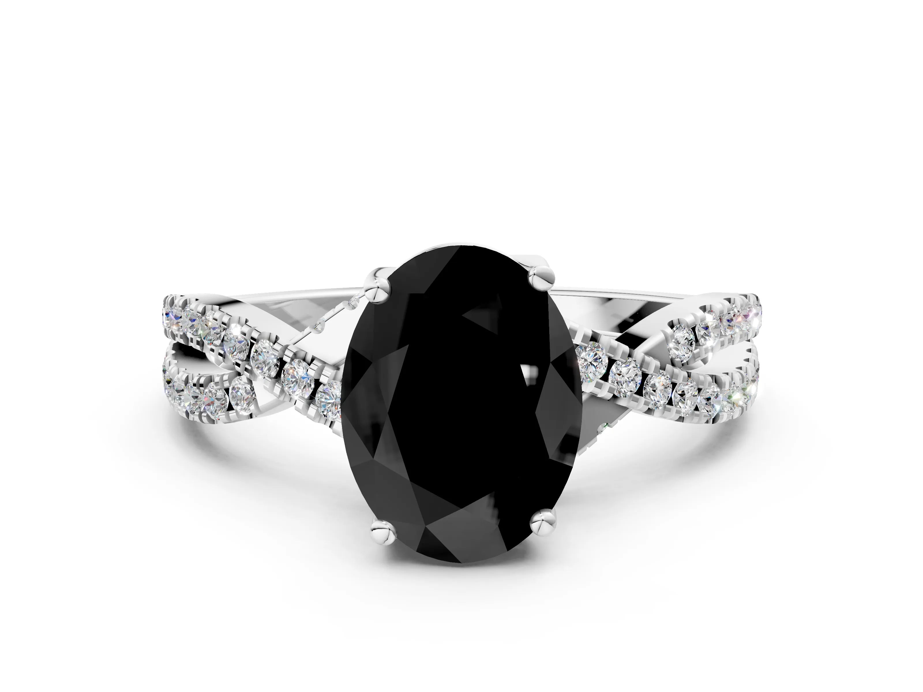 Platinum Fancy Black Oval Cut Solitaire Twist Pave Diamond Engagement Ring with Prong Setting_55