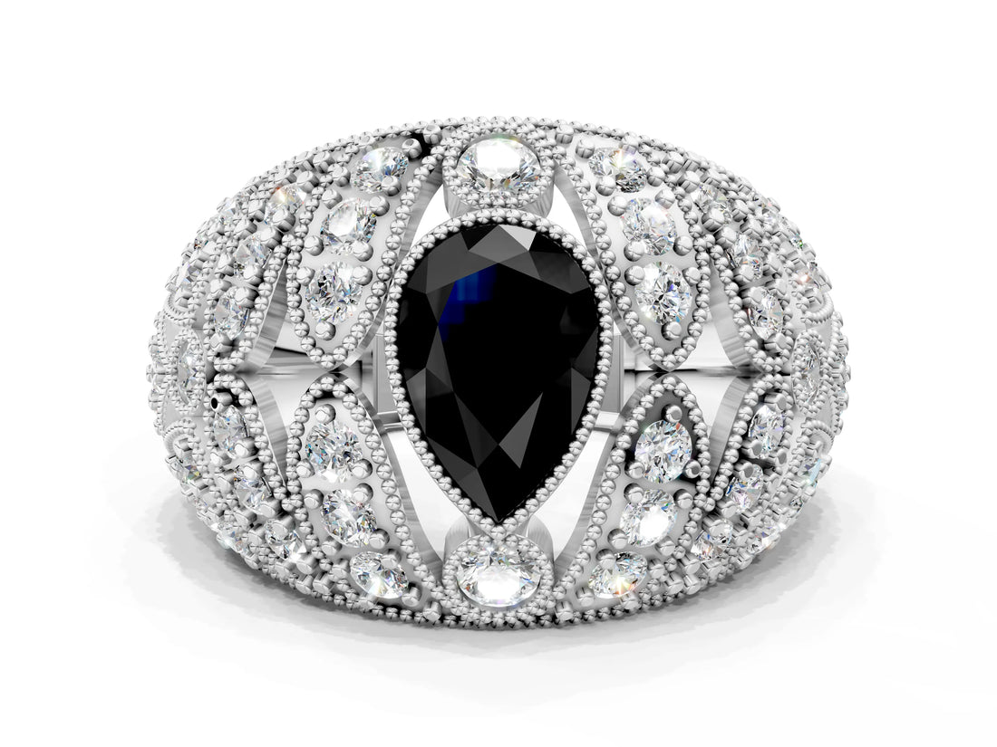Platinum Fancy Black Pear Cut Brilliant Halo Pave Diamond Milgrain Ring_12