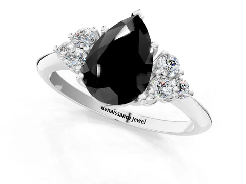 Platinum Fancy Black Pear Cut Cut Diamond Cluster Ring with Solitaire Band and Four-Prong Setting_25