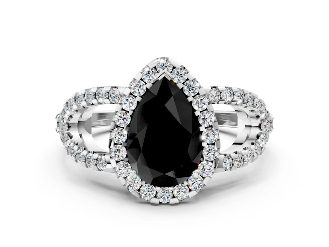 Platinum Fancy Black Pear Cut Cut Diamond Halo Engagement Ring with Open Split Pavé Band_6