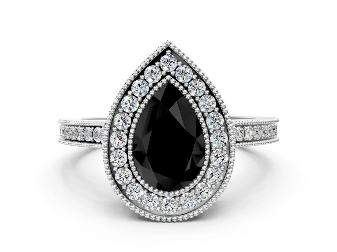 Platinum Fancy Black Pear Cut Cut Halo Pavé Diamond Ring_6