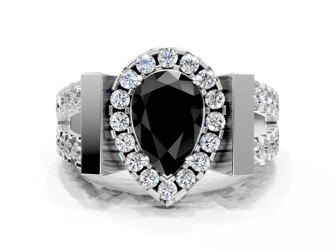 Platinum Fancy Black Pear Cut Cut Halo Split Shank Prong Set Ring_12
