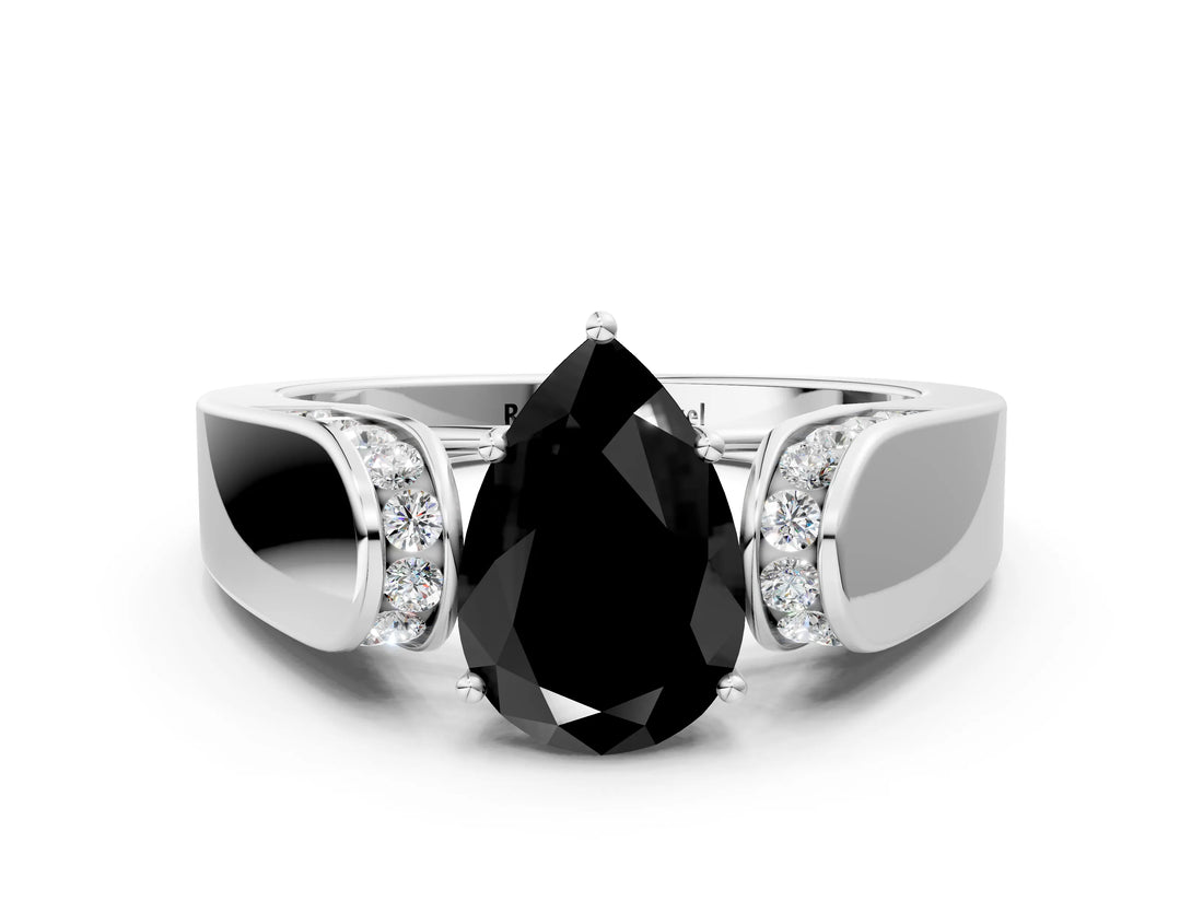 Platinum Fancy Black Pear Cut Diamond Channel Set Solitaire Ring with Four-Prong Setting_26