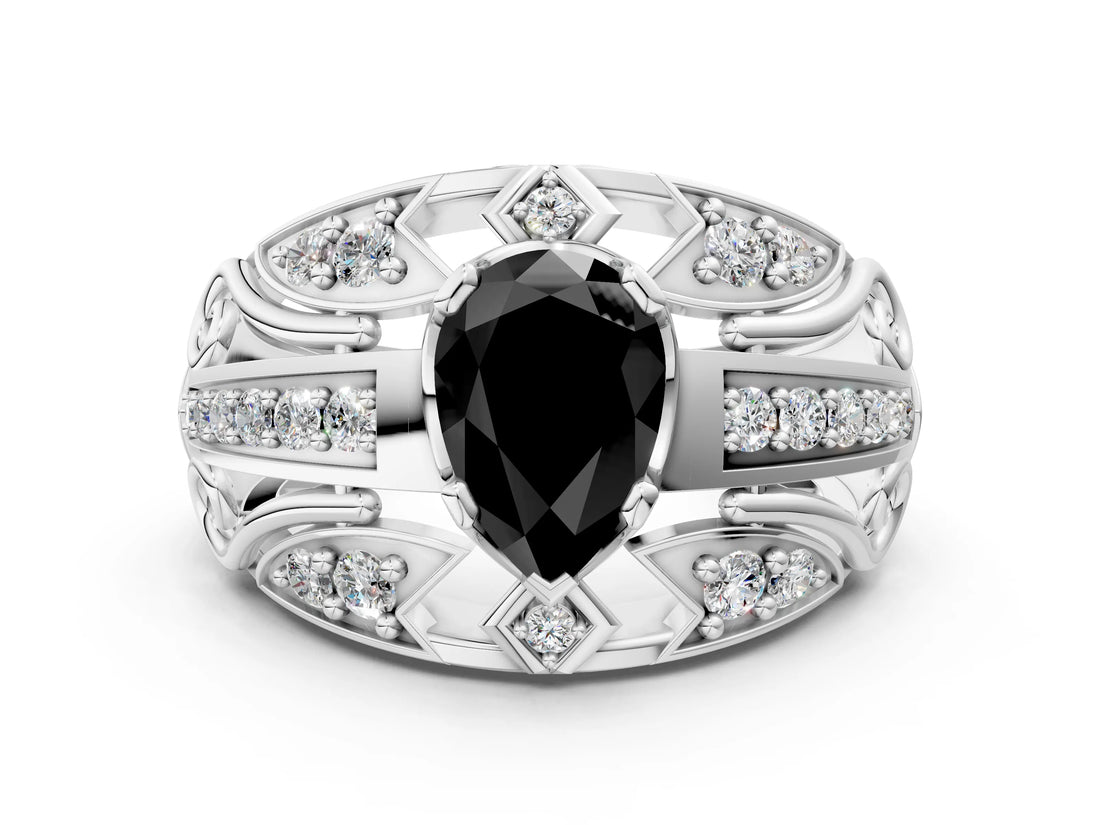 Platinum Fancy Black Pear Cut Diamond Pave Art Deco Split Shank Ring with Four-Prong Setting_6