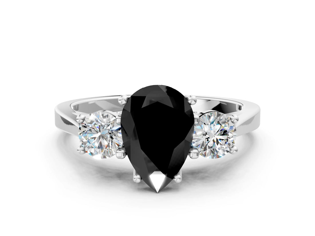 Platinum Fancy Black Pear Cut Diamond Three-Stone Engagement Ring with Prong Setting and Pavé Band_12