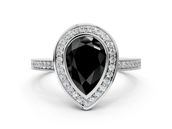 Platinum Fancy Black Pear Cut Halo Bezel Diamond Pave Band Ring