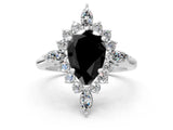 Platinum Fancy Black Pear Cut Halo Diamond Cluster Ring with Marquise and Round Stones on a White Gold Band with Prong Setting