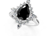 Platinum Fancy Black Pear Cut Halo Diamond Cluster Ring with Marquise and Round Stones on a White Gold Band with Prong Setting_1