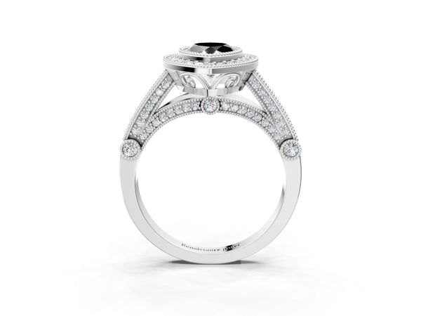 Platinum Pear-Shaped Vintage Bezel Halo Engagement Ring Setting for Black Center