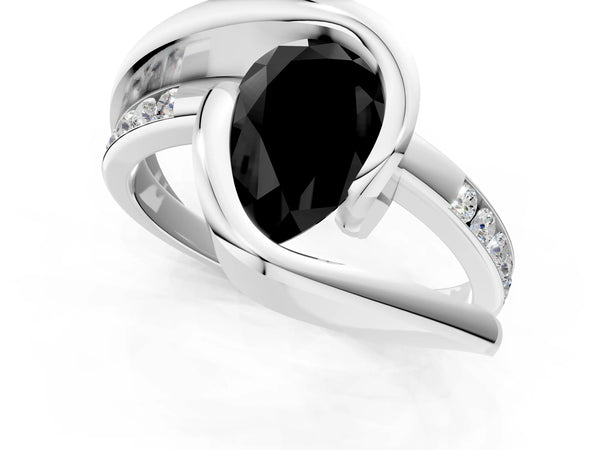 Platinum Fancy Black Pear Cut Solitaire Tension-Set Diamond Split Shank Ring